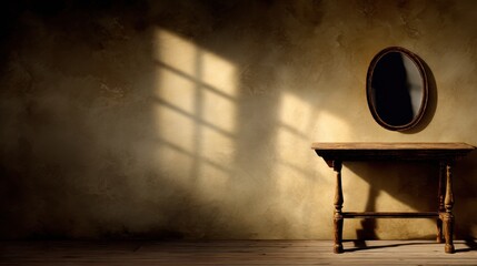 Poster - Vintage wooden table with a mirror in a softly lit, rustic room casting shadows on the wall