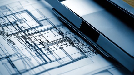 Poster - Modern computer on a desk representing technology and innovation in today's digital world and abstract structures