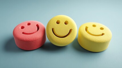 Poster - Two smiley faces made of clay representing positive attitude in a constructive attitude cycle icon concept with arrows