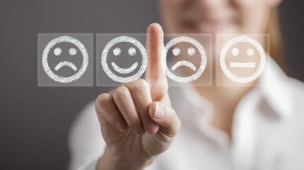 Poster - Person touching a smiley face representing constructive feedback in a panel icon concept for user interface interaction