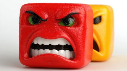 Poster - Colorful toy with expressive face created from red and yellow blocks representing emotional intelligence concepts