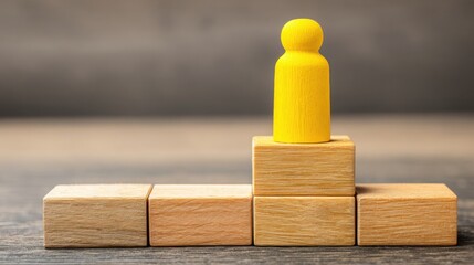Poster - Wooden block with a yellow figure on top symbolizing leadership and individuality in a creative conceptual design