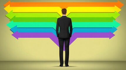 Poster - Man standing in front of a rainbow colored arrow symbolizing leadership influence flow and directional guidance