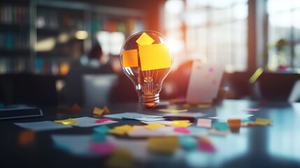 Poster - Innovative idea concept with light bulb shaped like a house and colorful sticky notes on desk in modern office
