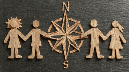 Poster - Group of people holding hands together representing purpose-driven team concept and compass icon for unity and strength