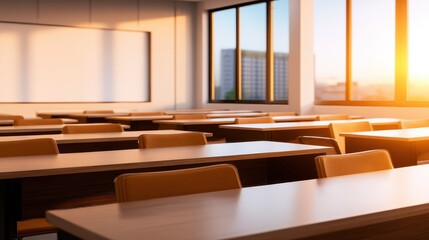 Poster - Bright and Spacious Classroom with Desks and Chairs, Bathed in Sunset Light, Urban View