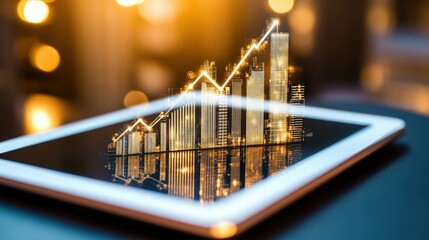 Poster - Digital tablet with rising financial graph and data analytics charts for market growth analysis
