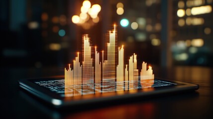 Poster - Digital data visualization of futuristic glowing bar chart with city lights background on tablet screen