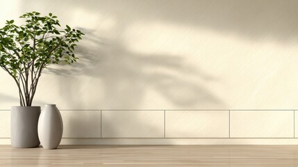 Poster - Modern minimalist interior showcasing a potted plant beside elegant vases against a textured wall