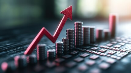 Poster - Business growth concept with rising arrow and stacked coins on keyboard symbolizing financial success and investment progress