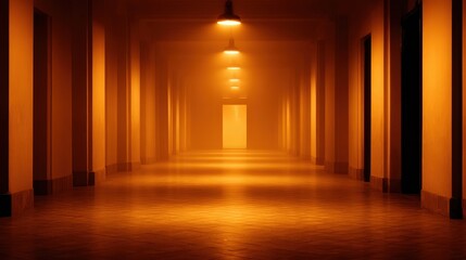 Poster - Mysterious dimly lit corridor with glowing lights and fog, evoking a sense of intrigue