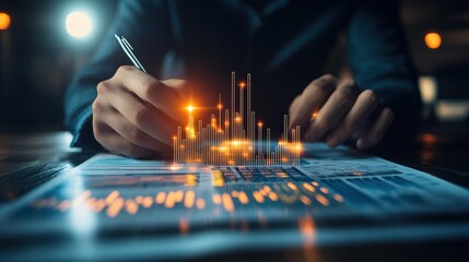 Poster - Businessman using digital tablet with holographic financial data analysis and futuristic technology interface