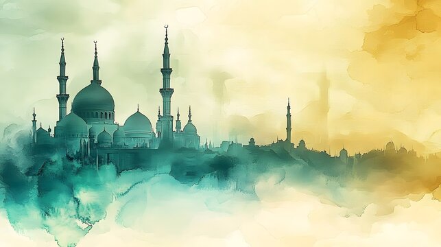 Aquamarine watercolor, mosque, eid.