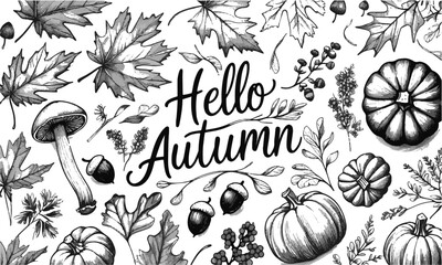 Leinwandbilder - A collection of autumn-themed hand-drawn Autumn plants vector sketches. Hand-drawn set of harvest, modern vector illustrations, including plants, easily editable and scalable.