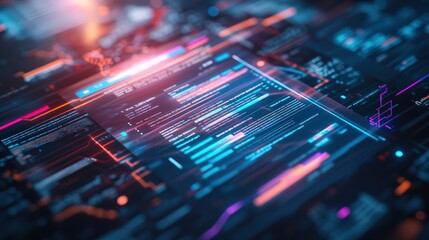 Poster - Highly detailed digital data visualization of futuristic information technology interface on a glowing digital screen