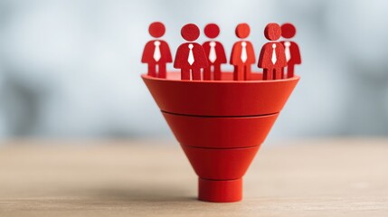 Poster - Red cone with a group of people inside illustrating team impact in an abstract funnel concept visual representation