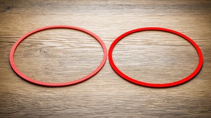 Poster - Unity over competition concept demonstrated by two red rings on a wooden table symbolizing collaboration and partnership