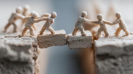 Poster - Miniature people on a wall illustrating team dynamics and vision execution in a minimalist conceptual framework