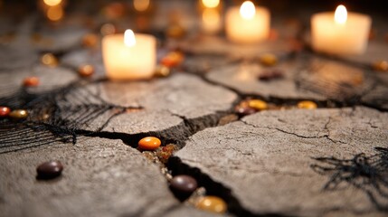 Poster - A close-up view of cracked concrete adorned with colorful candies and glowing candles, creating an atmospheric scene