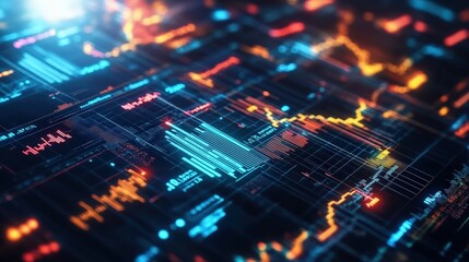 Poster - Highly detailed digital financial data visualization with colorful charts and graphs on dark background