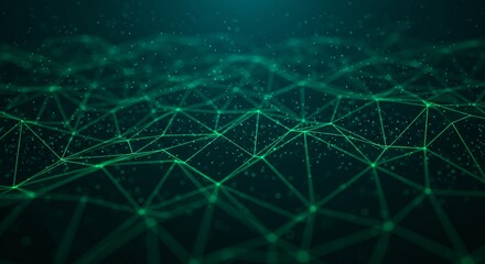 Poster - A digital network with green lines and dots connecting in a complex abstract pattern on a dark background