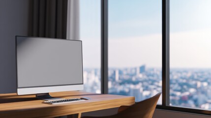 Aufkleber - Modern workspace featuring a sleek computer setup with a city skyline view in the background
