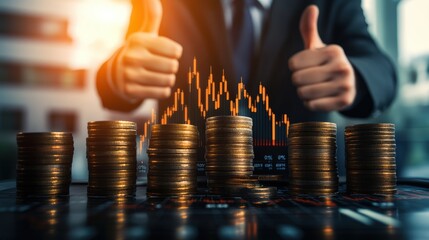 Poster - Businessman in formal suit showing thumbs up behind stacked coins and financial chart in modern office