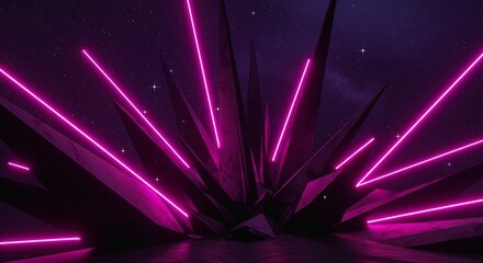 Fototapete - A dark purple background with sharp geometric shapes and bright pink neon lines and small white stars