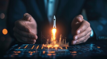 Poster - Businessman launching a digital rocket representing innovation and technology in a futuristic data interface scene