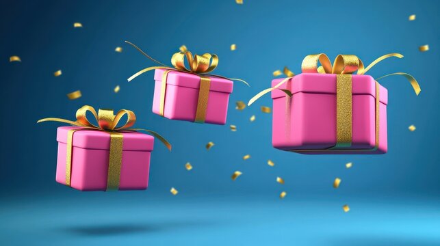 Floating pink gift boxes with golden ribbons and confetti on a blue backdrop