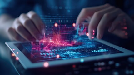 Poster - High tech futuristic digital interface with holographic data visualization on tablet screen in dark environment
