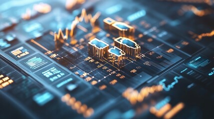 Poster - Close-up of a digital financial chart with glowing graphs and data points on a futuristic screen
