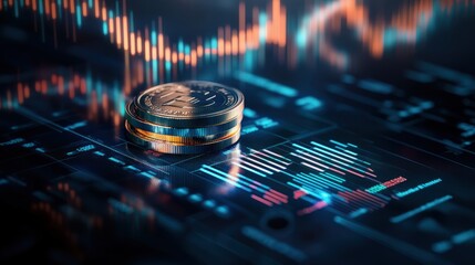 Poster - Close-up of stacked coins on digital financial chart with glowing data lines and financial graphs background
