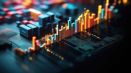 Poster - Futuristic digital financial chart with glowing bars and lines displaying data analytics and growth trends on a virtual screen