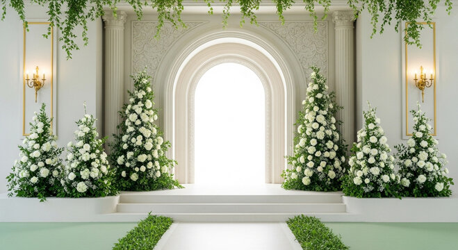 Elegant Wedding Ceremony Archway with White Rose Floral Arrangements