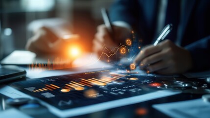 Poster - Businessperson analyzing financial data on digital tablet with holographic charts and graphs in modern office environment