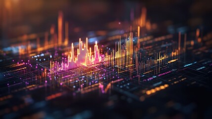 Poster - Abstract digital financial data graph with colorful light streaks and glowing line charts on dark background