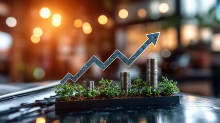 Poster - Business growth concept with rising arrow graph over stacked coins and lush green plants on reflective surface in modern office setting