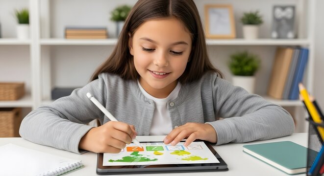 Young Girl Engaged in Digital Art Drawing on Tablet at Home with a Pencil, Fostering Creativity and Learning