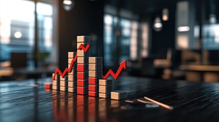 Poster - Business growth concept with stacked blocks and rising red arrows symbolizing progress and success in a modern office setting