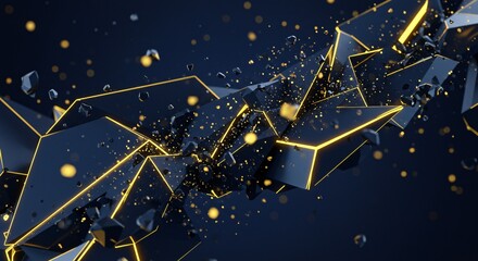 Fototapete - Abstract dark background with geometric shapes and glowing lines and scattered particles around it