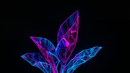 Poster - Glowing neon plant with geometric leaves in shades of blue and pink on a black background