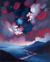 fantastic landscape with mountains, rivers, clouds and cosmic elements