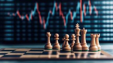 Poster - Chess pieces arranged on a board with a digital stock market graph in the background symbolizing strategy and finance analysis