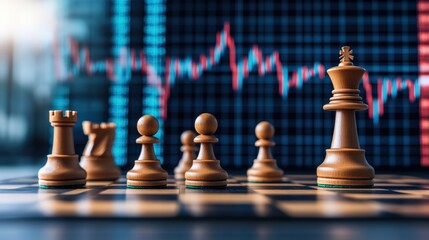 Poster - Strategic chess pieces aligned on a game board with financial market data and stock chart background