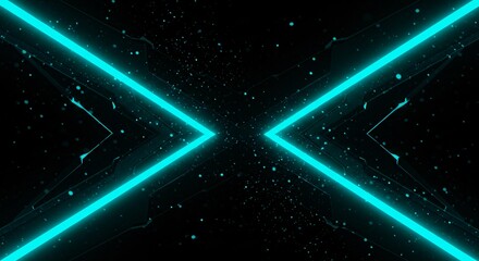 Poster - Neon turquoise arrow lights converging on a black background with scattered glowing particles effect