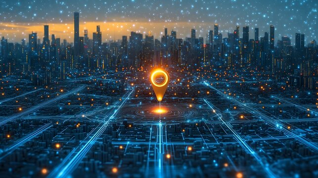 Digital map, pin, AI delivery concept.