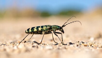 Metallic green Tiger Beetle on sand now