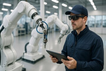 Poster - Technician in a modern facility using smart glasses and a tablet to operate advanced robotic arms for precision tasks in automation technology