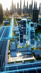 Wall Mural - futuristic architecture visualization featuring modern buildings with digital grid lines overlaid in